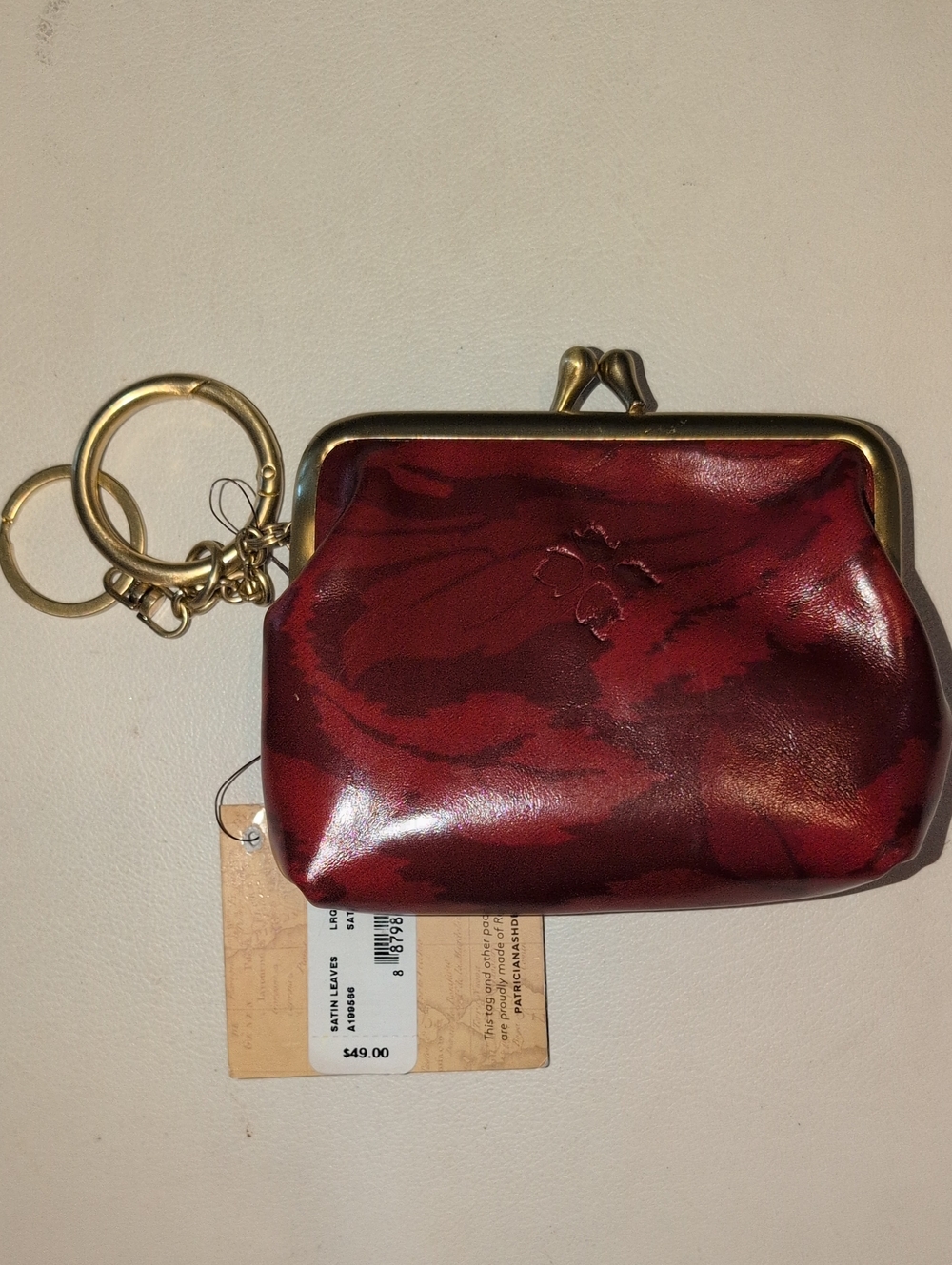 Patricia Nash "Satin Leaves" Red Leather Kisslock Coin Purse With Keychain